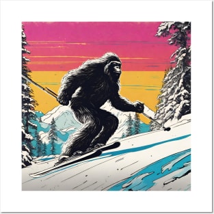 Funny Bigfoot Skiing Dad Across Mountains Winter Sports Posters and Art